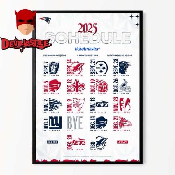 New England Patriots NFL 2025 Schedule Home Decor Poster Canvas