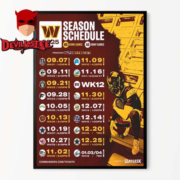 Washington Commanders NFL 2025 Schedule Home Decor Poster Canvas