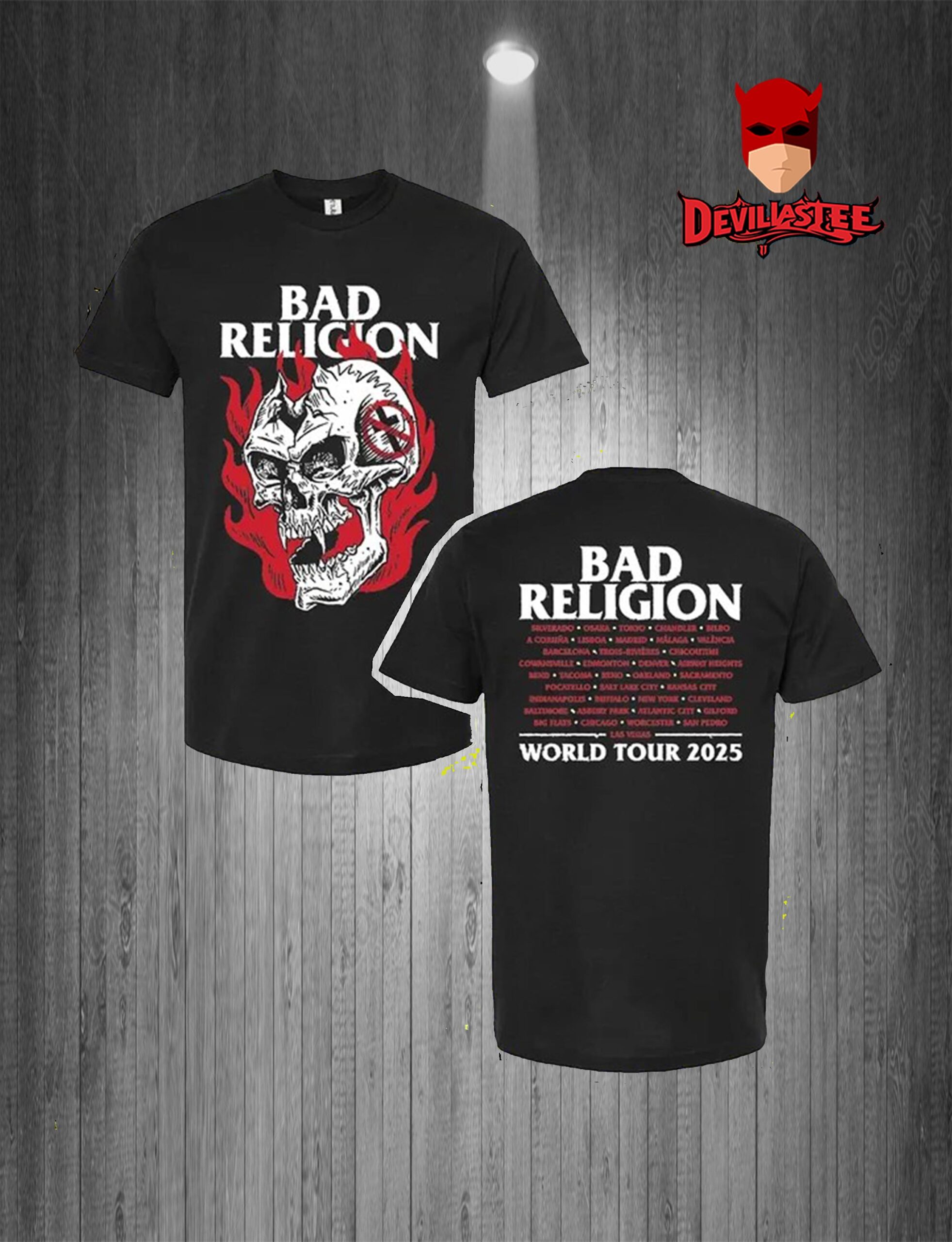 Bad Religion World Tour Locations 2025 Head Wound Tee Skull Fire Two Sided T-Shirt Bad Religion World Tour Locations 2025 Head Wound Tee Skull Fire Two Sided T-Shirt